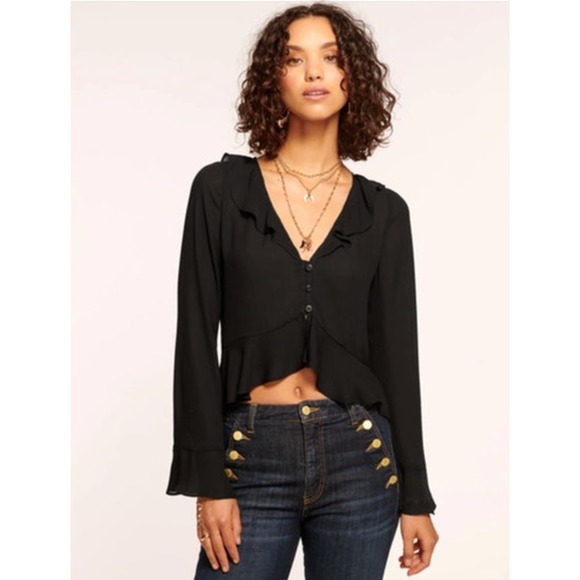 RAMY BROOK Top Size M Isabelle Button-Front Ruffle-Trim Blouse Black $345